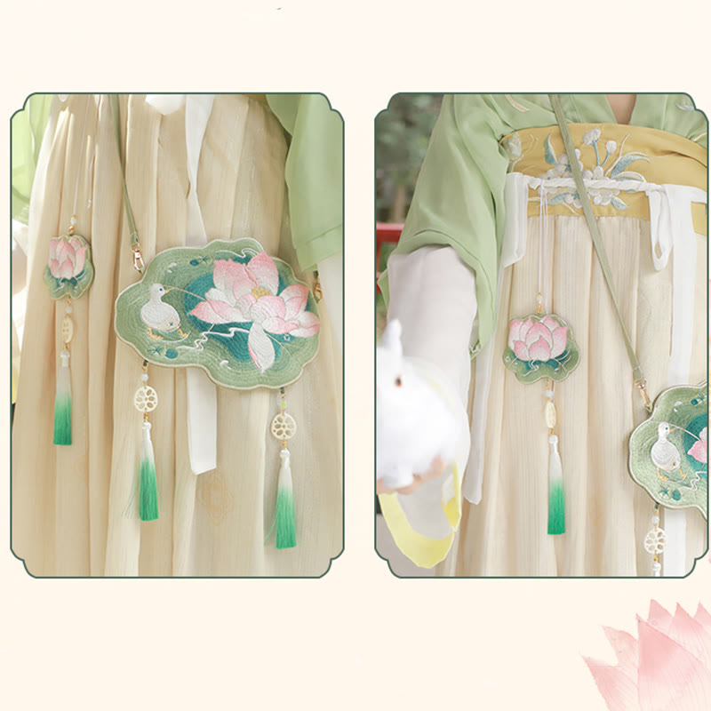 Buddha Stones Szczęście Haft Lotos Koi Ryba Królik Kwiat Hanfu Torba Crossbody Torba na Ramię