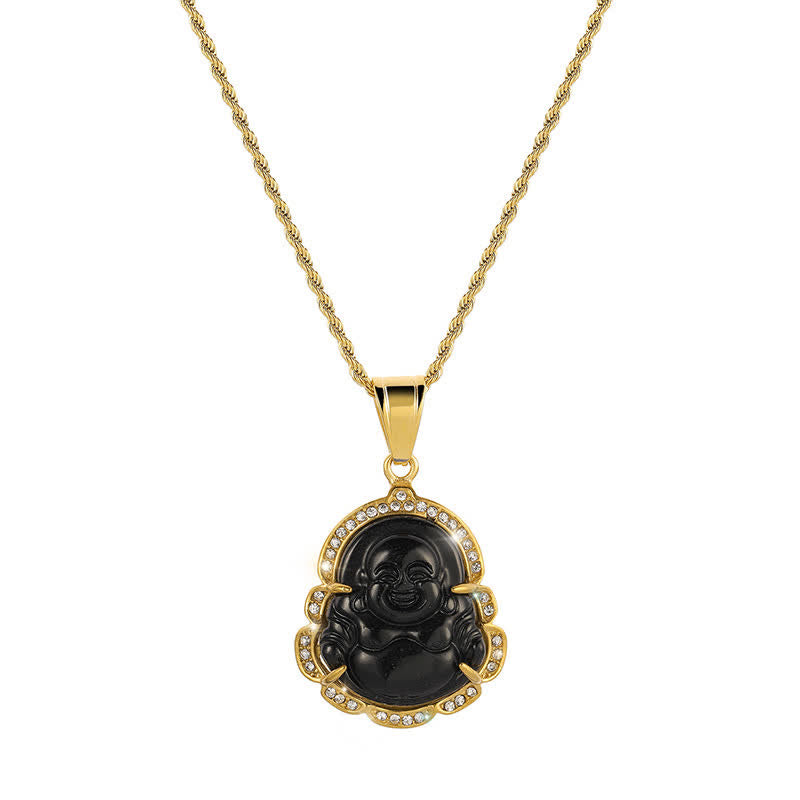 Buddha Stones 18K wypełnione złotem Śmiejący się Budda Jadeitowy naszyjnik szczęścia łańcuszek wisiorek - Czarny - image 10