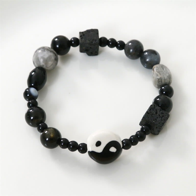 Bransoletka ochronna z Buddha Stones z czarnego onyksu i koralikami z jaspisu Picasso Yin Yang