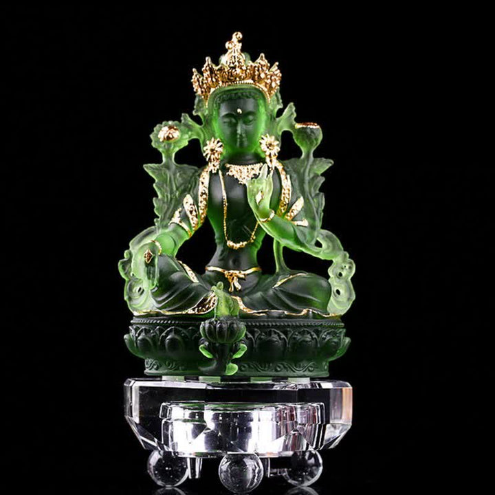 Buddha Stones Bodhisattwa Zielona Tara Ręcznie Robione Liuli Kryształowe Dzieło Sztuki Ochrona Domu Biuro Statua Dekoracja - 8*6*12,8 cm - Złota Zielona Tara i Baza - image 13