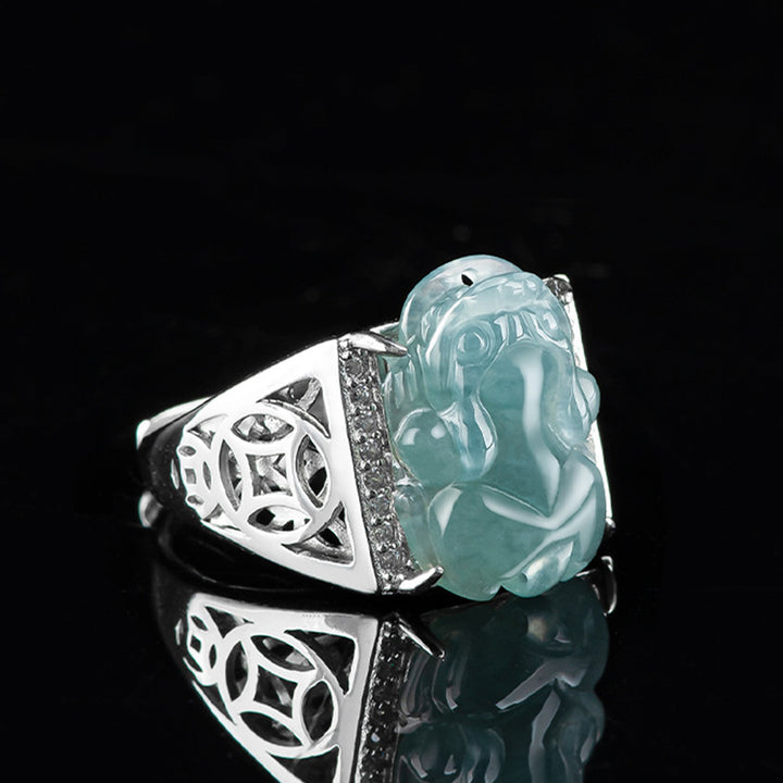 Buddha Stones 925 Srebro Sterlingowe Fengshui Bogactwo Dobrobyt Jadeit PiXiu Pierścień Szczęścia