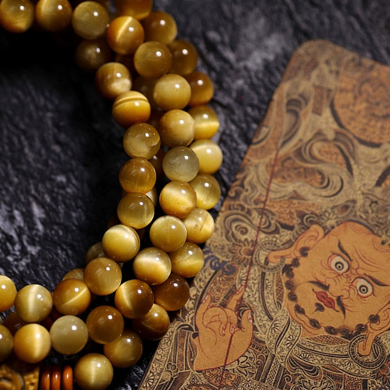 Buddha Stones 108 Mala Koraliki Naturalne Tygrysie Oko Miedź Dorje Ochrona Bransoletka z Chwostem