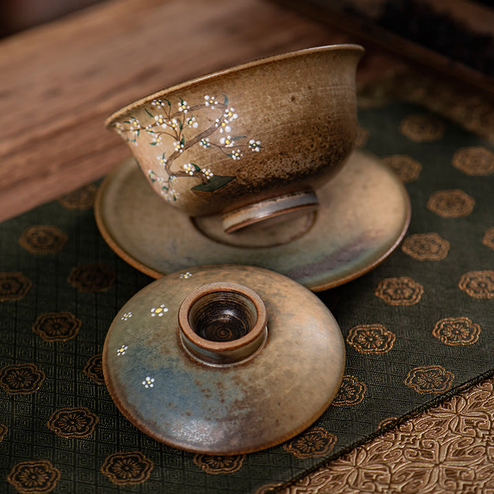 Buddha Stones Jingdezhen Malowana ręcznie porcelana Ru Kiln Hanfu Dziewczyna Kwiat Ceramiczny Gaiwan Sancai Filiżanka Kung Fu Filiżanka I Spodek Z Pokrywką