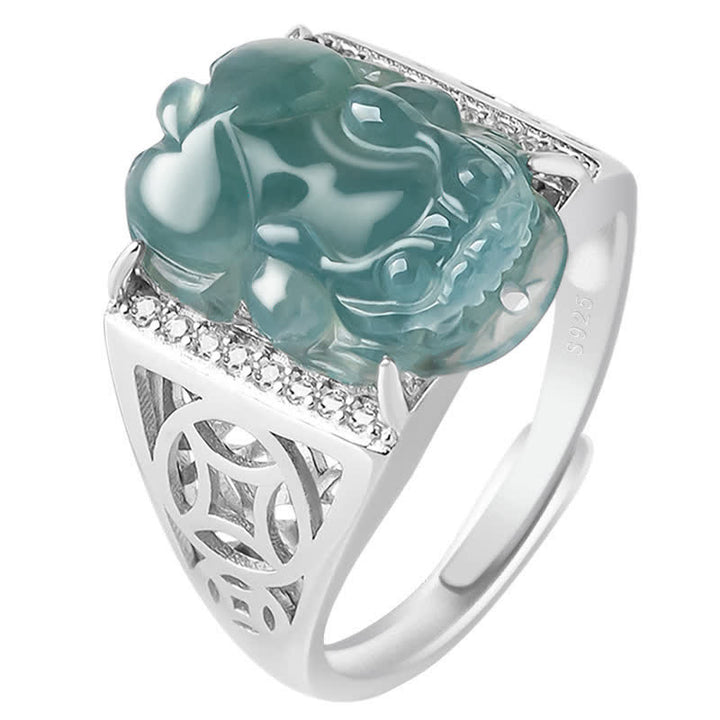 Buddha Stones 925 Srebro Sterlingowe Fengshui Bogactwo Dobrobyt Jadeit PiXiu Pierścień Szczęścia