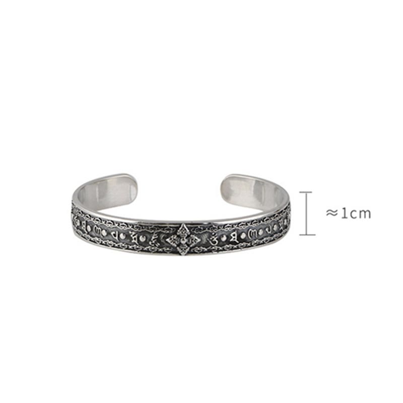 Buddha Stones 925 Srebro Sterlingowe Om Mani Padme Hum Podwójna Dorje Grawerowana Mądrość Bransoletka Mankiet Bangle