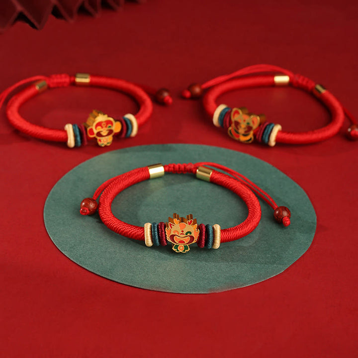 Buddha Stones Ręcznie robione 925 Srebro Sterling Rok Smoka Uroczy Chiński Zodiak Szczęście Pleciona Czerwona Bransoletka