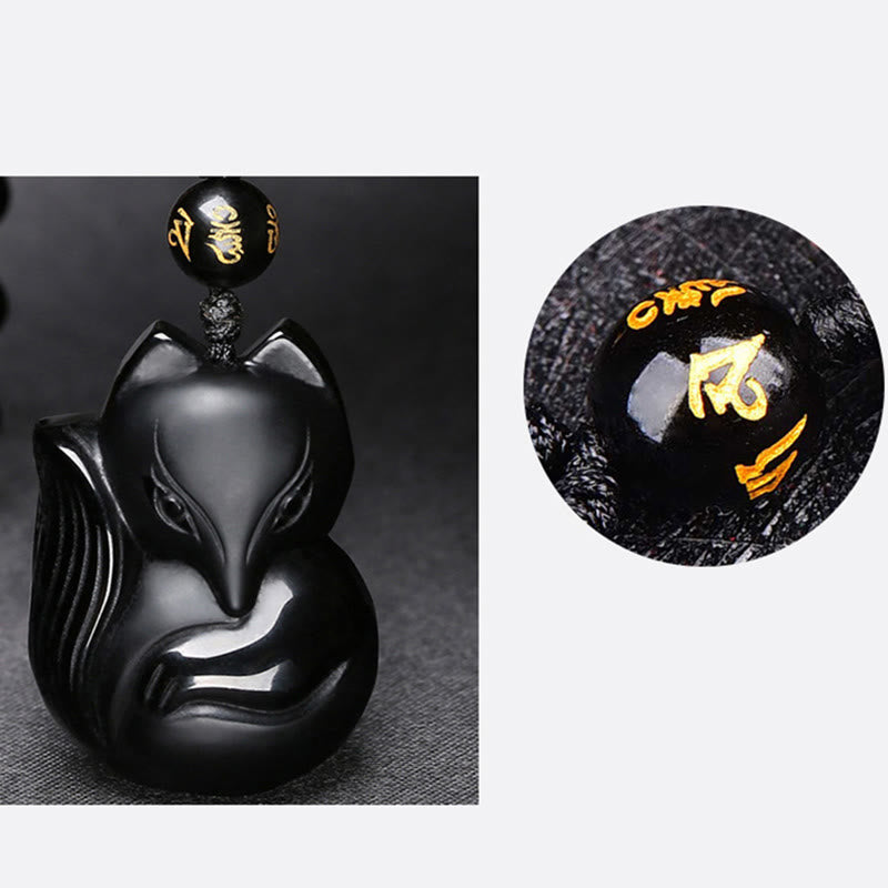 Buddha Stones Naturalny Czarny Obsydian Tygrysie Oko Lodowy Obsydian Lis Wisiorek Amulet Naszyjnik