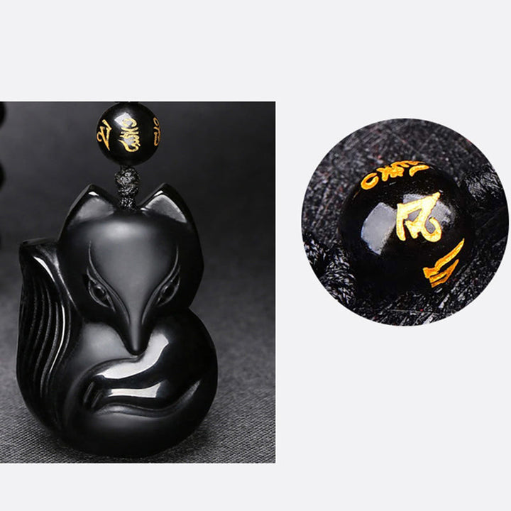 Buddha Stones Naturalny Czarny Obsydian Tygrysie Oko Lodowy Obsydian Lis Wisiorek Amulet Naszyjnik