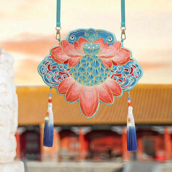Buddha Stones Szczęście Haft Lotos Koi Ryba Królik Kwiat Hanfu Torba Crossbody Torba na Ramię