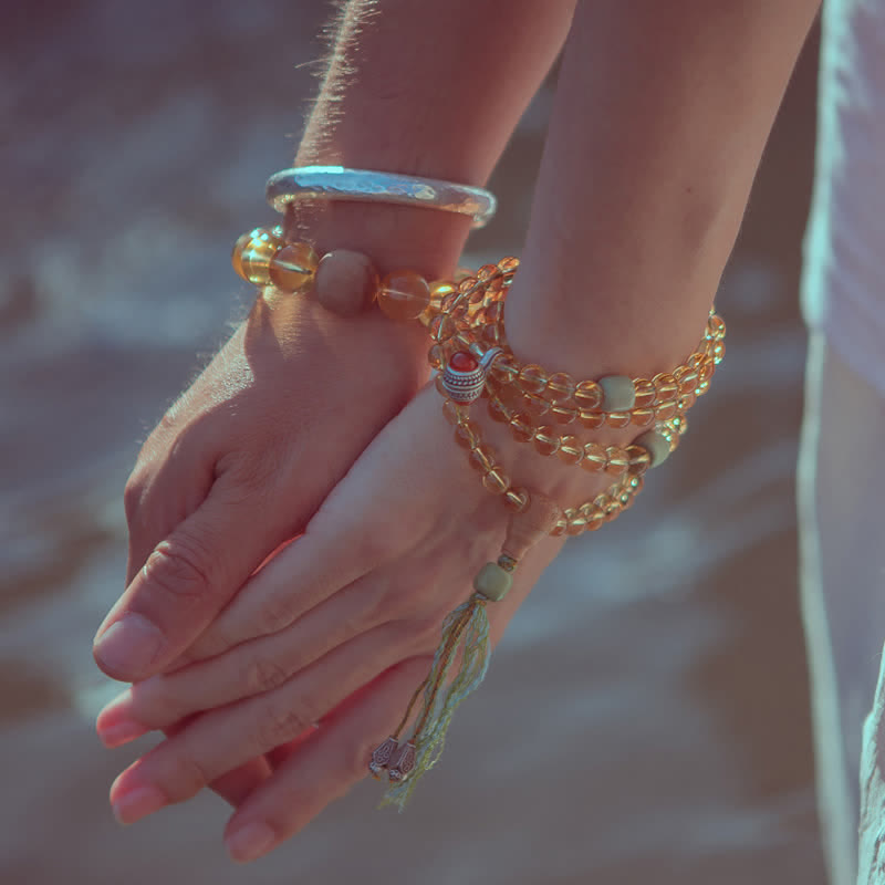 Buddha Stones 108 Koraliki Mala 925 Srebro Sterling Cytryn Sandałowiec Turkus Ochrona Bransoletka Dobrobytu - image 1