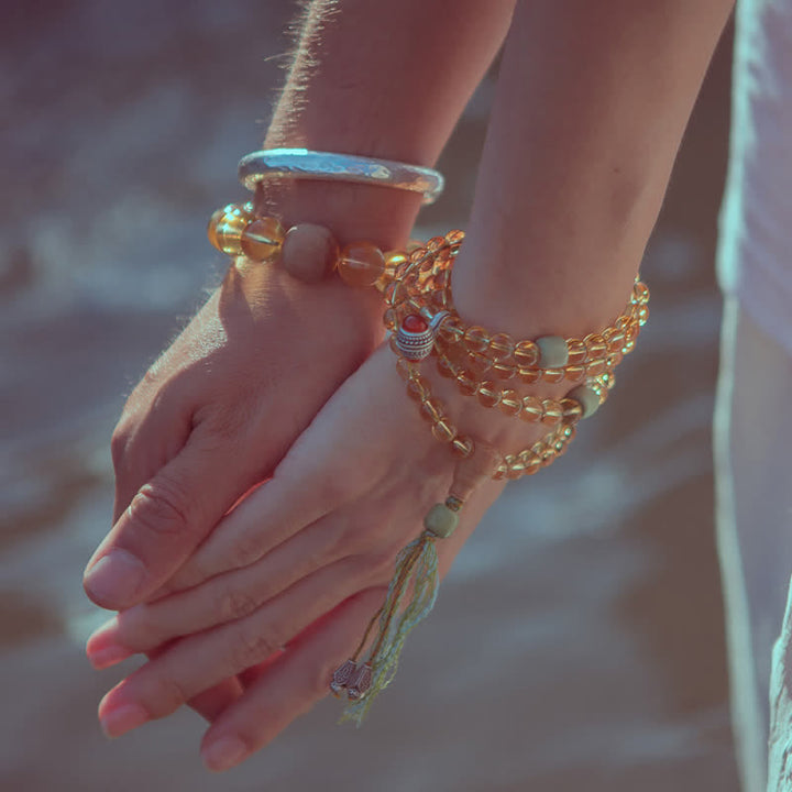 Buddha Stones 108 Koraliki Mala 925 Srebro Sterling Cytryn Sandałowiec Turkus Ochrona Bransoletka Dobrobytu - image 1