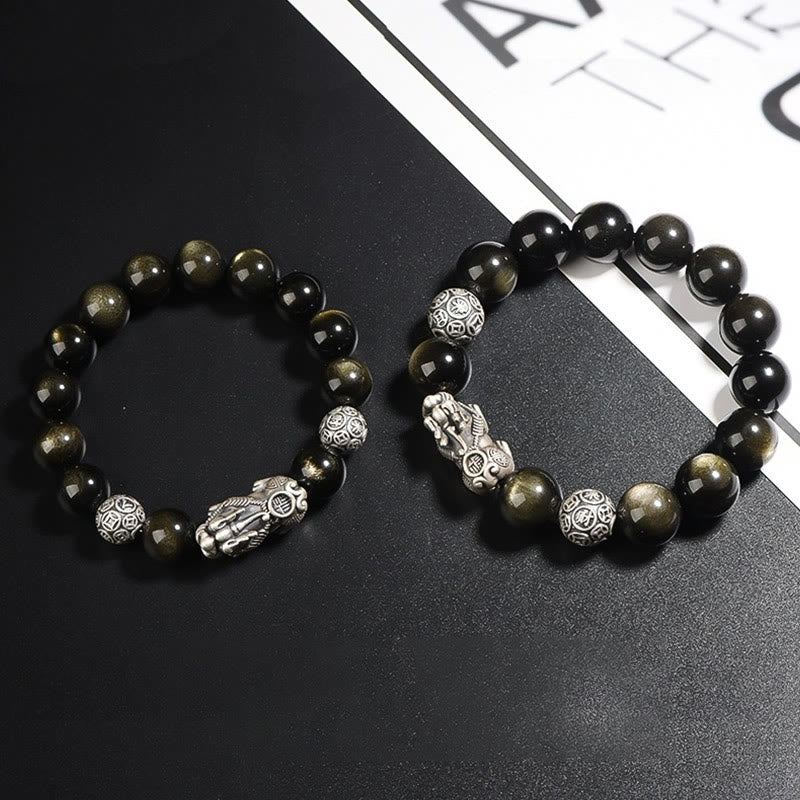 Buddha Stones 925 Srebro Sterling Naturalny Złoty Połysk Obsydian PiXiu Bransoletka Ochrony Bogactwa