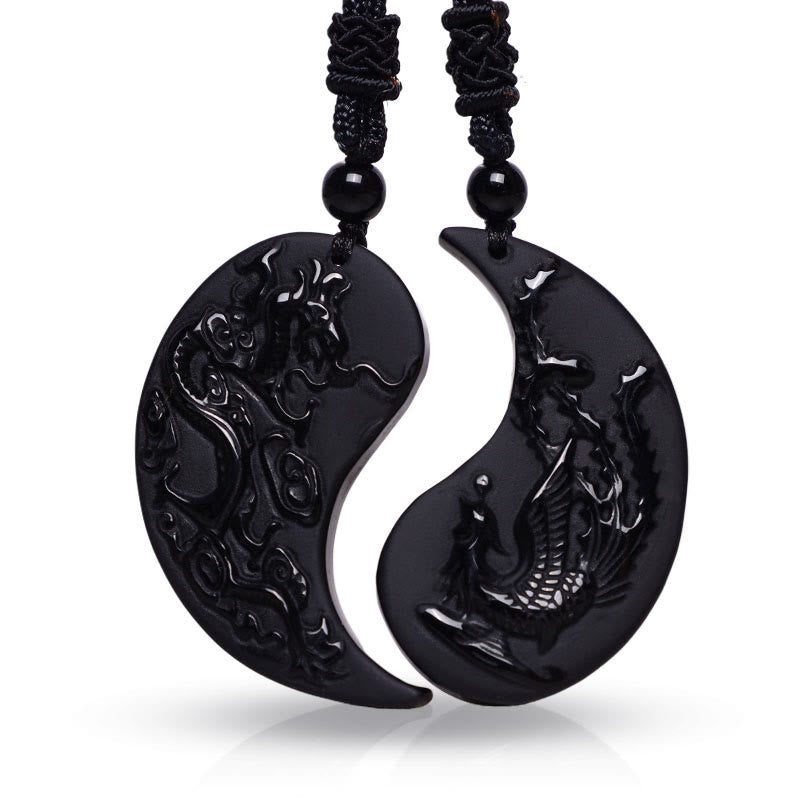 Buddha Stones Czarny Obsydian Yin Yang Smok Feniks Szczęście Naszyjnik Wisiorek - image 1