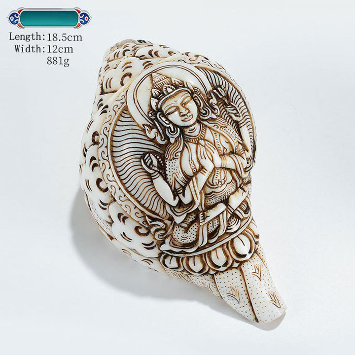 Tybetańska, ręcznie grawerowana dekoracja buddy Shankha Awalokiteśwary z muszli - Czteroramienna Awalokiteśwara 18,5*12 cm - image 29