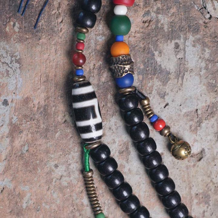 Buddha Stones 108 Koraliki Mala Ebony Drewno Dzi Koralik Miedź Równowaga Tassel Bransoletka