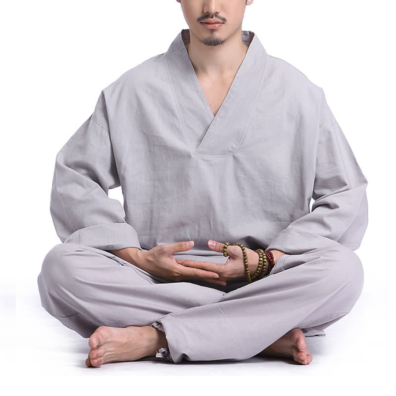 Buddha Stones Medytacja Modlitwa Dekolt w serek Projekt Bawełna Len Duchowa Praktyka Zen Joga Odzież Męska Zestaw - Szary - US/UK/AU44， EU54 (3XL) - image 10
