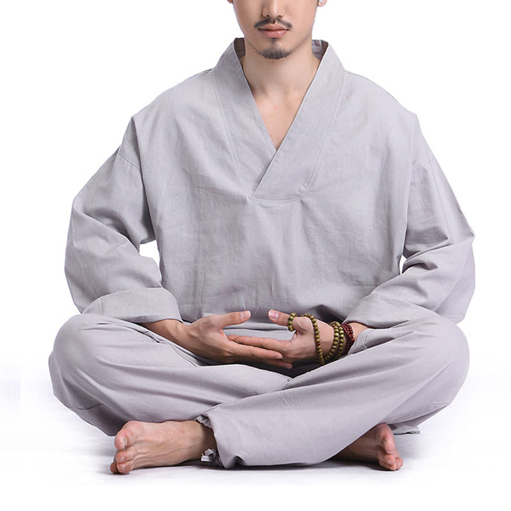 Buddha Stones Medytacja Modlitwa Dekolt w serek Projekt Bawełna Len Duchowa Praktyka Zen Joga Odzież Męska Zestaw - Szary - US/UK/AU44， EU54 (3XL) - image 10