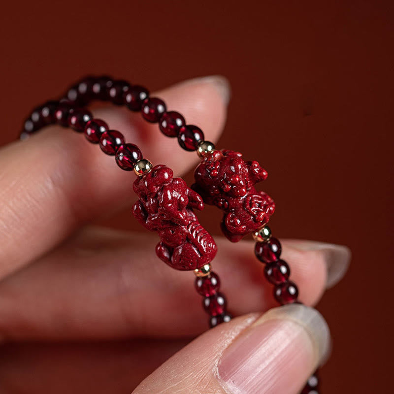 Bransoletka z sznurka z Buddha Stones Granat Cynober PiXiu Błogosławieństwo Spokój