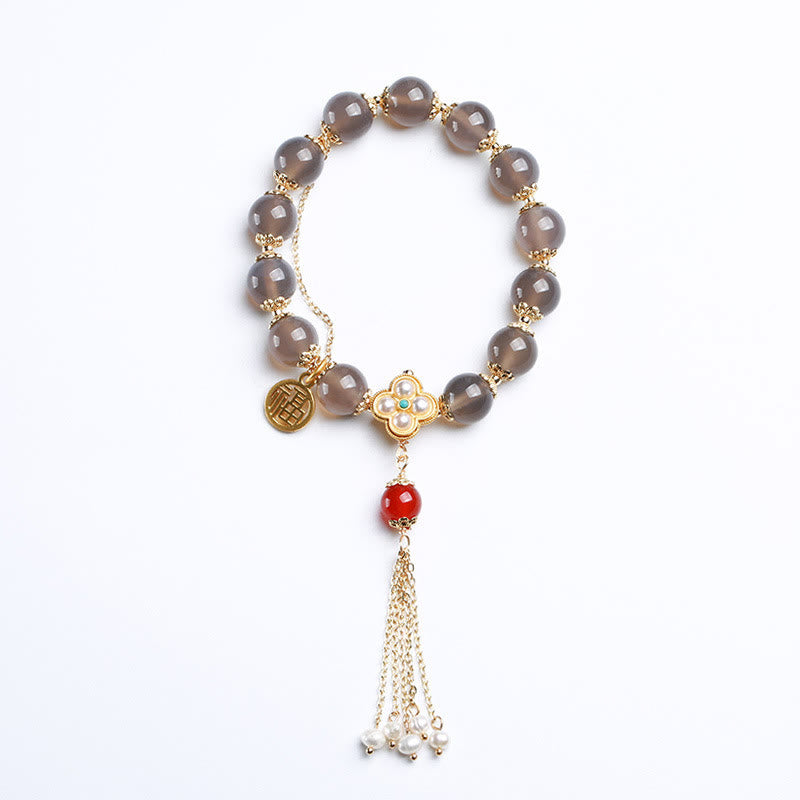Bransoletka z pereł Fu Character Tassel Balance z Buddha Stones w kolorze szarym i agatem