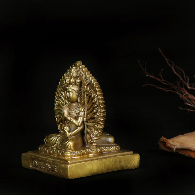 Chenrezig Tysiącręka Figurka Awalokiteśwary Dwustronna Ochrona Kuan Yin Bodhisattwa Solidna Miedziana Statuetka Dekoracja