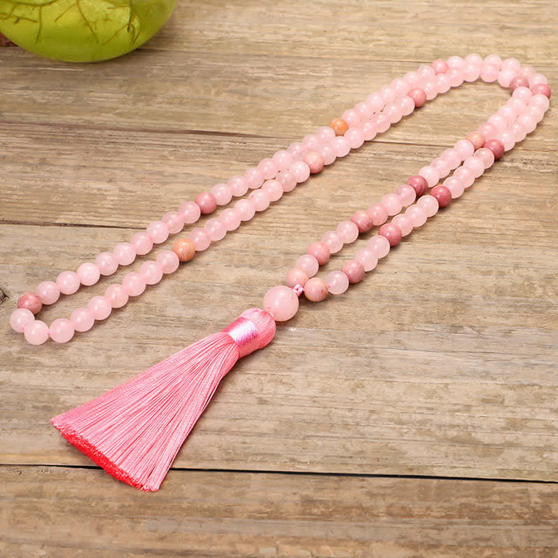 Buddha Stones 108 Mala Beads Różowa Kryształowa Bransoletka z Chwostem Miłości