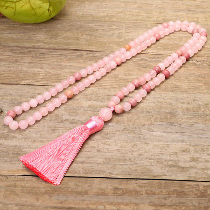 Buddha Stones 108 Mala Beads Różowa Kryształowa Bransoletka z Chwostem Miłości