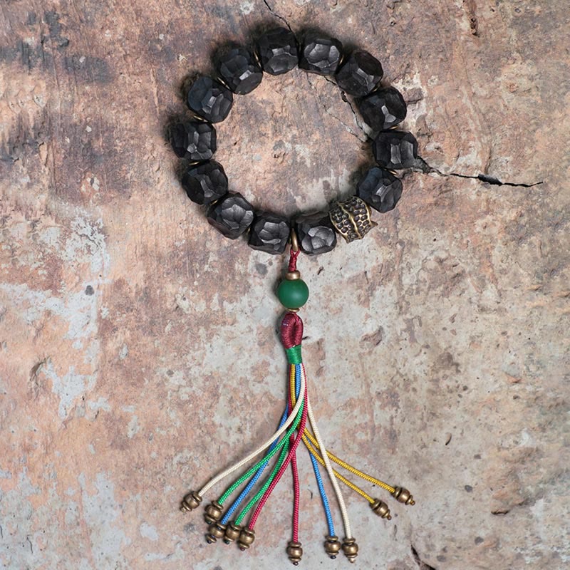 Buddha Stones Tybet Heban Drewno Miedź Pokój Tassel Bransoletka Mala Na Nadgarstek