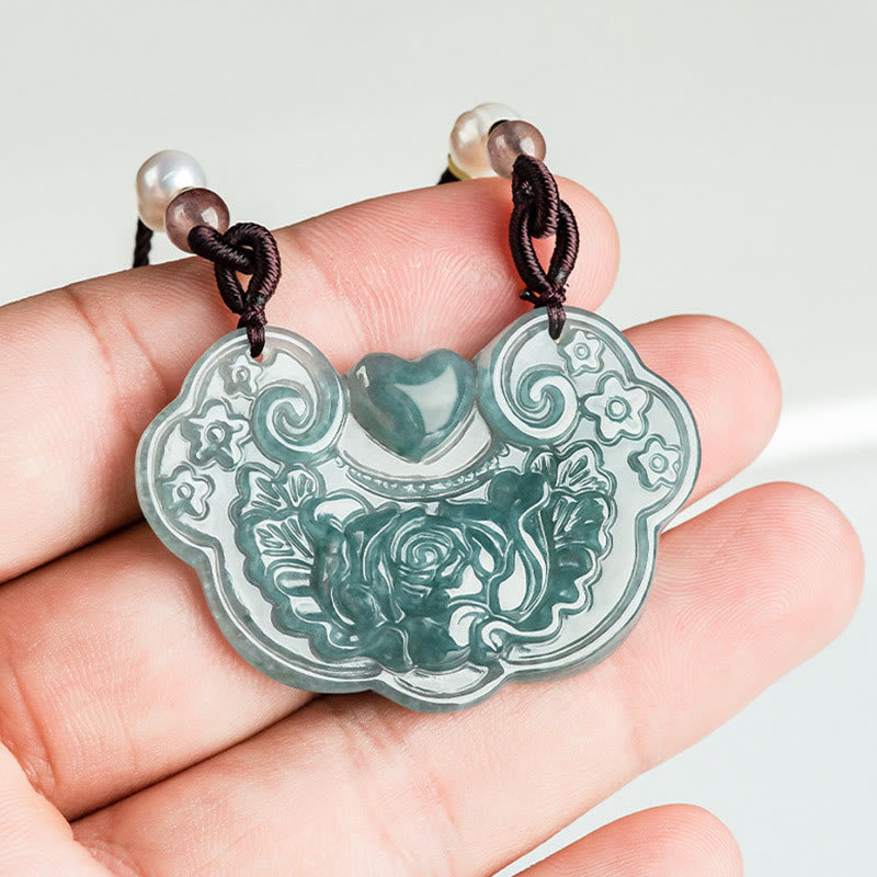 Buddha Stones Naturalny Jadeit Peonia Kwiat Kłódka Dobrych Życzeń Naszyjnik Wisiorek Dobrobytu