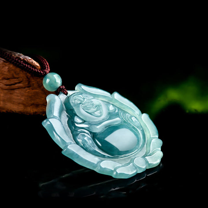 Buddha Stones Naturalny Jadeit Śmiejący Się Budda Wzór Lotosu Naszyjnik Szczęście Wisiorek - image 5