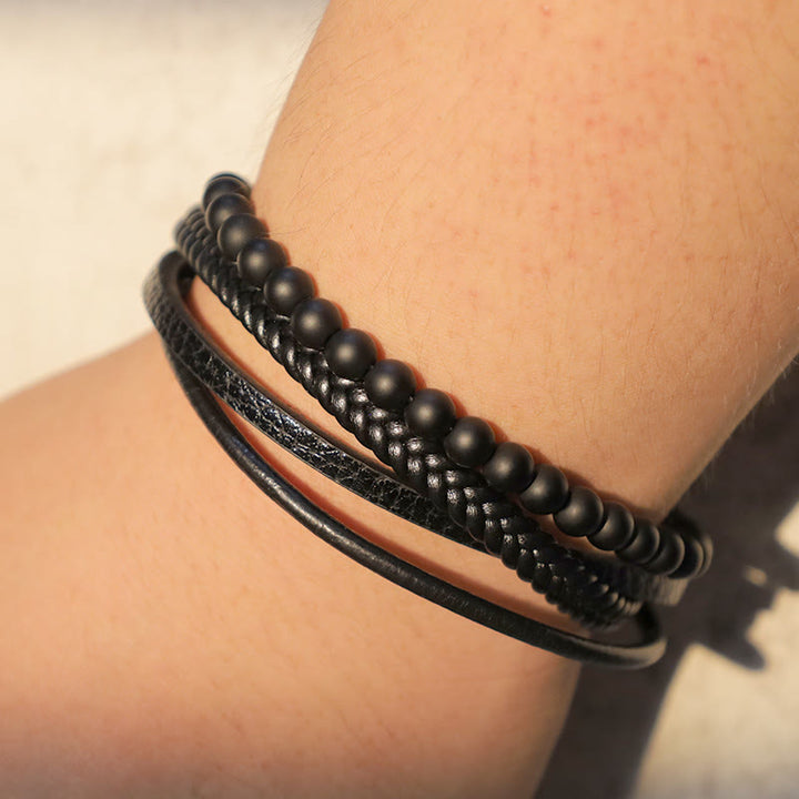 Bransoletka skórzana z Buddha Stones Natural Lava Rock Black Onyx Bead