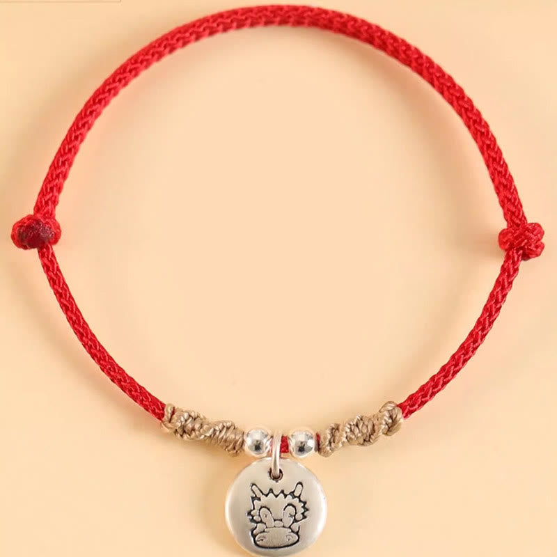 Buddha Stones Ręcznie robione 999 Srebro Sterling Rok Smoka Uroczy Chiński Zodiak Szczęście Pleciona Bransoletka