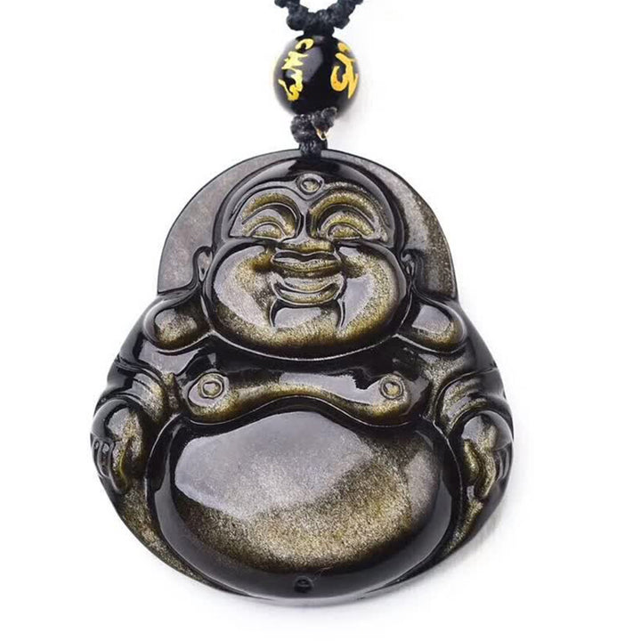 Buddha Stones Śmiejący się Budda Złoty połysk Obsydianowy naszyjnik z bogactwem Wisiorek - image 6