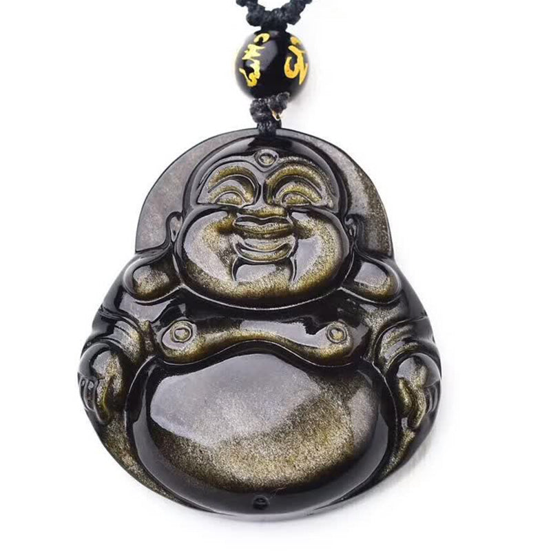 Buddha Stones Śmiejący się Budda Złoty połysk Obsydianowy naszyjnik z bogactwem Wisiorek - image 6
