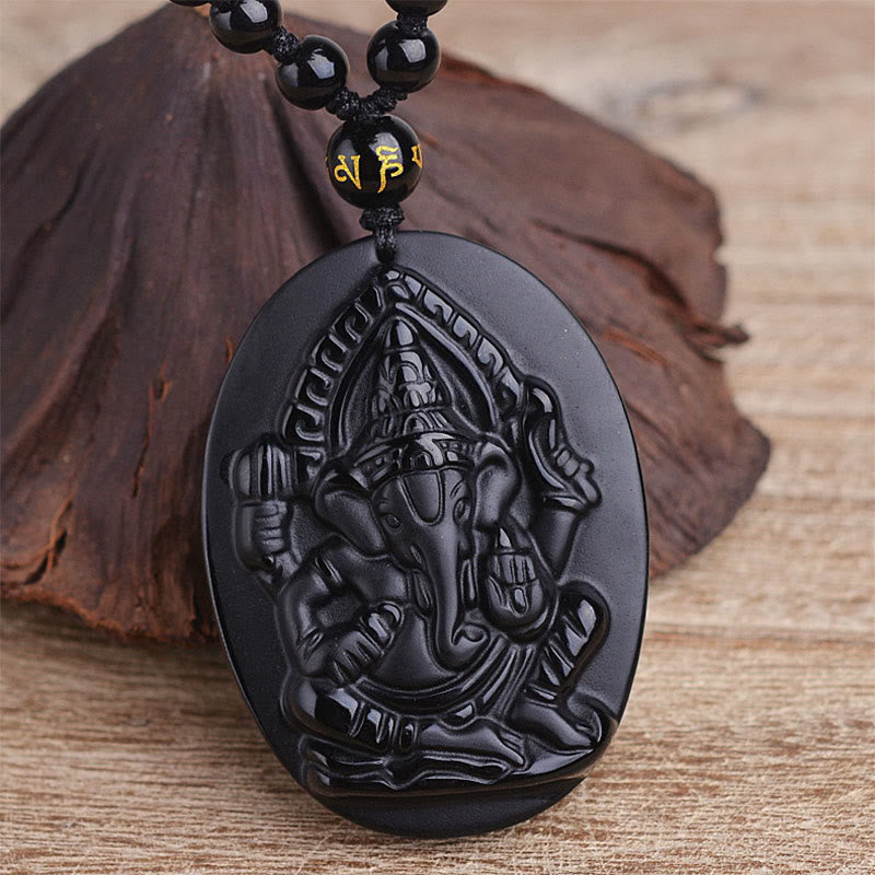 Buddha Stones Tybetański Obsydian Ganesh Ganpati Słoń Bogactwo Amulet Naszyjnik