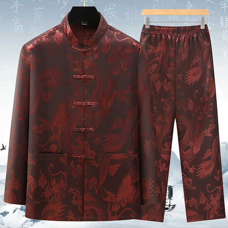 Buddha Stones Tang Suit Mężczyźni Hanfu Chiński Smok Tradycyjne Ubrania Kung Fu Koszula Jednolity Długi Rękaw Płaszcz Bluzki i Spodnie Odzież Męska Zestaw - Brązowy - US/UK/AU42， EU52 (3XL) - image 1