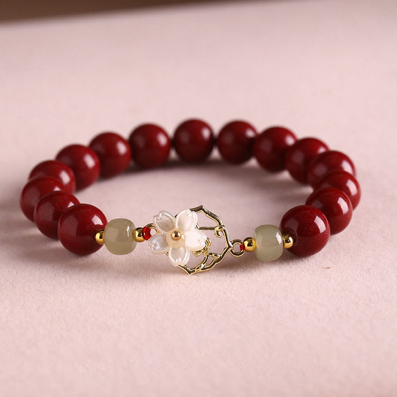 Buddha Stones Naturalny Jadeit Cynobrowy Koralikowy Bransoletka z Kwiatem Błogosławieństwa Tridacna Stone