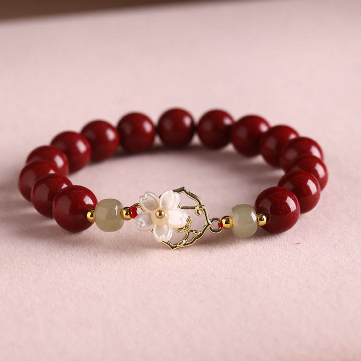 Buddha Stones Naturalny Jadeit Cynobrowy Koralikowy Bransoletka z Kwiatem Błogosławieństwa Tridacna Stone