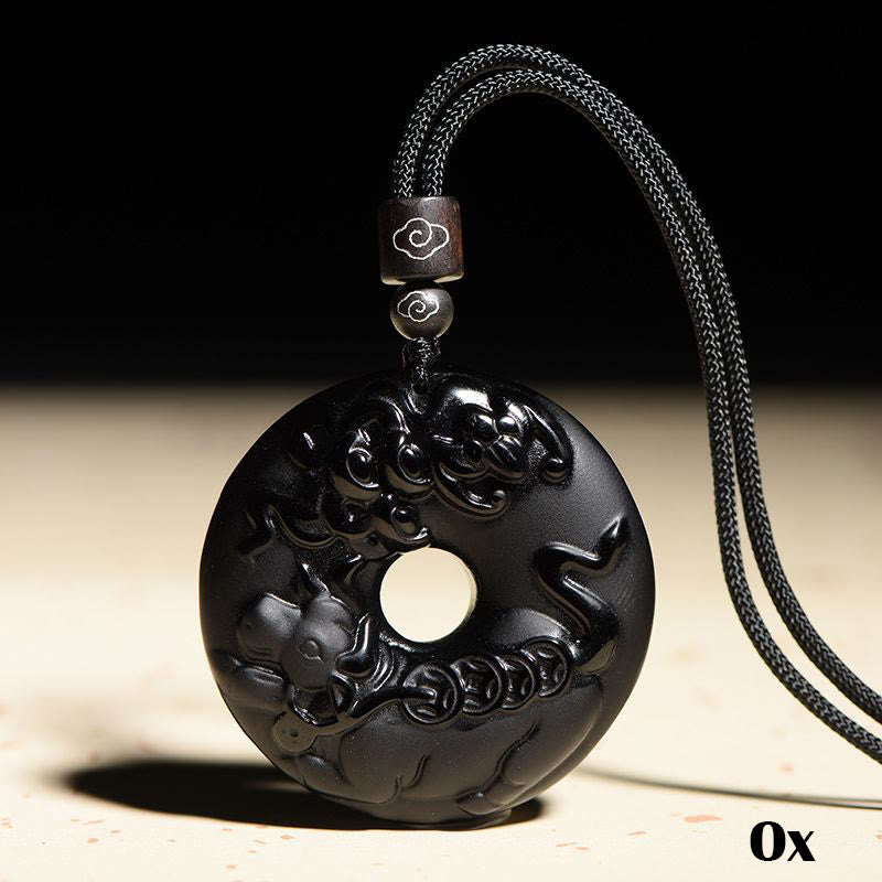 Buddha Stones Chiński Zodiak Naturalny Czarny Obsydian Spokój Klamra Siła Naszyjnik Wisiorek - Wół - image 14
