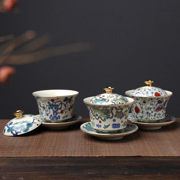 Buddha Stones Retro Śliwkowy Kwiat Sosna Bambus Feniks Kirin Ceramiczny Gaiwan Sancai Filiżanka do herbaty Kung Fu Filiżanka do herbaty i spodek z pokrywką