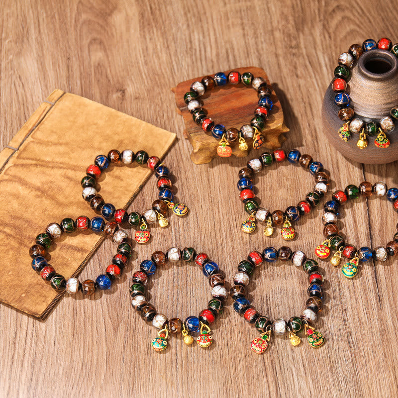 Buddha Stones Pięć Elementów Złota Połykająca Bestia Rodzina Charm Liuli Szklana Koralik Bransoletka Szczęścia