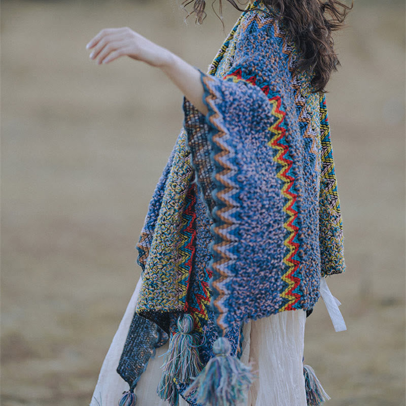 Buddha Stones Tybetański Szal Miękki Ciepły Robiony Na Drutach Płaszcz Zimowy Tybetański Szal Z Frędzlami - image 2