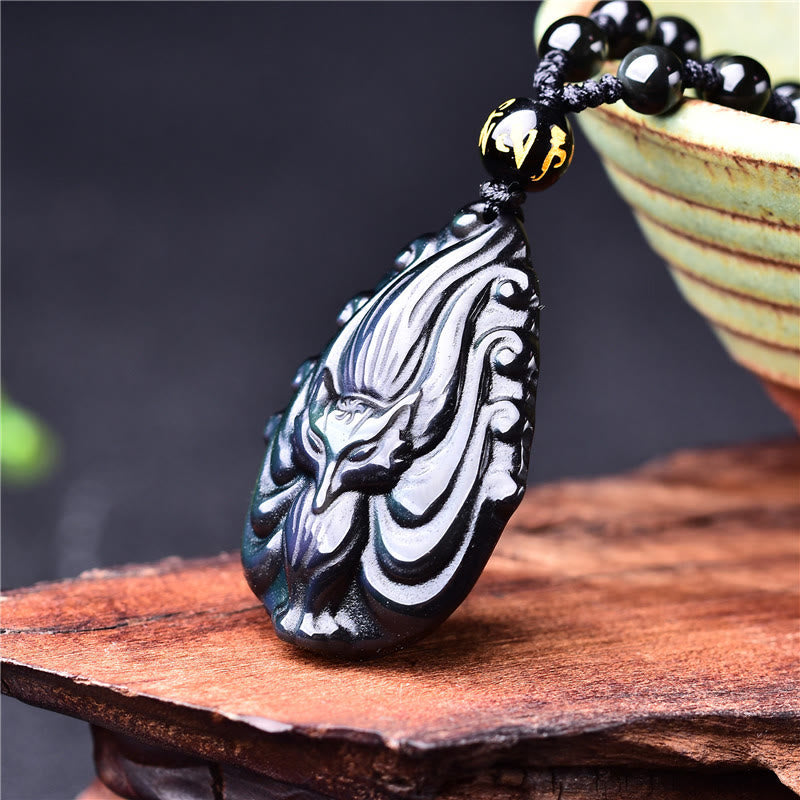 Buddha Stones Naturalny Tęczowy Obsydian Dziewięcioogonowy Lis Wewnętrzny Spokój Naszyjnik Koralikowy Wisiorek Sznurkowy