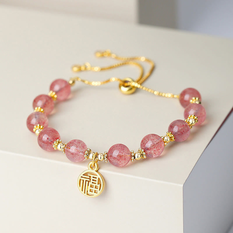 Bransoletka z Buddha Stones 14K pozłacana naturalna truskawka kwarc Fu Character Positive Charm