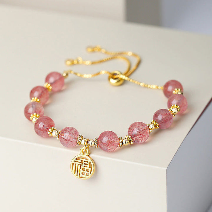 Bransoletka z Buddha Stones 14K pozłacana naturalna truskawka kwarc Fu Character Positive Charm