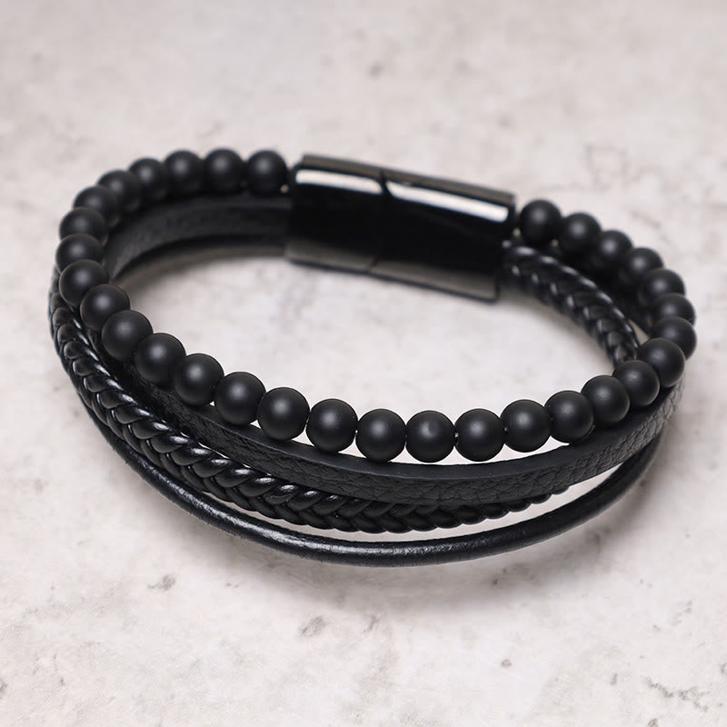 Bransoletka skórzana z Buddha Stones Natural Lava Rock Black Onyx Bead