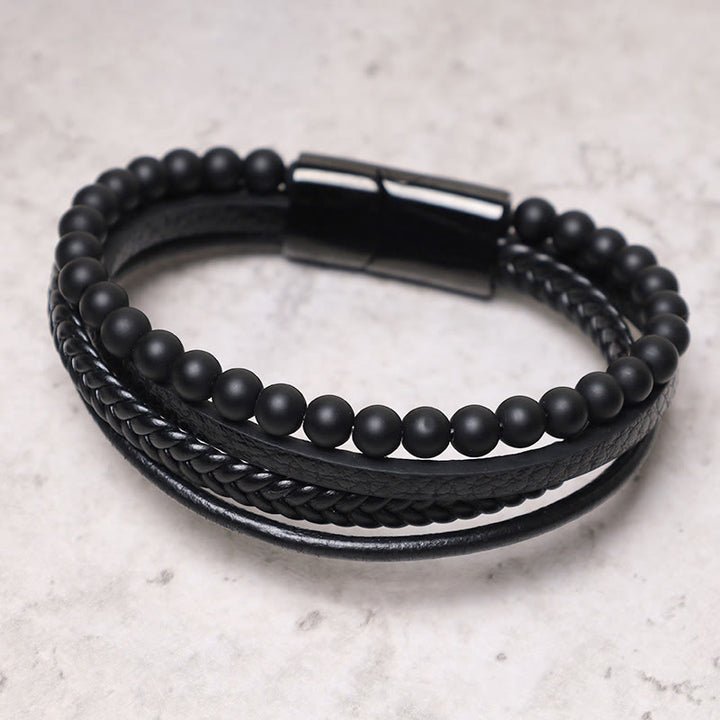Bransoletka skórzana z Buddha Stones Natural Lava Rock Black Onyx Bead