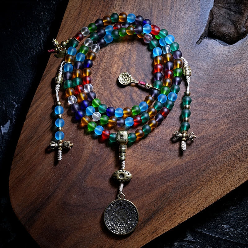 Buddha Stones Tybetańskie 108 Mala Koraliki Wielokolorowe Szklane Koraliki Liuli Chiński Zodiak Dziewięć Pałaców Osiem Diagramów Bransoletka z Urokiem
