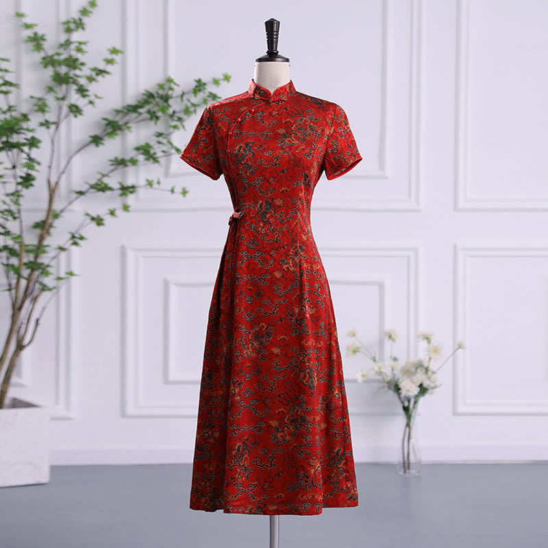 Buddha Stones Vintage Pomyślne Chmury Liście Drukuj Cheongsam Sukienka Damska Qipao - Czerwone, pomyślne chmury - US16, UK/AU20, EU48 (5XL) - image 0