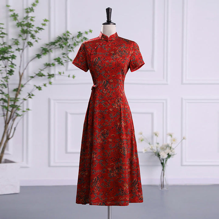 Buddha Stones Vintage Pomyślne Chmury Liście Drukuj Cheongsam Sukienka Damska Qipao