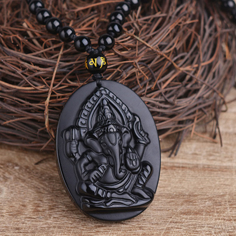 Buddha Stones Tybetański Obsydian Ganesh Ganpati Słoń Bogactwo Amulet Naszyjnik